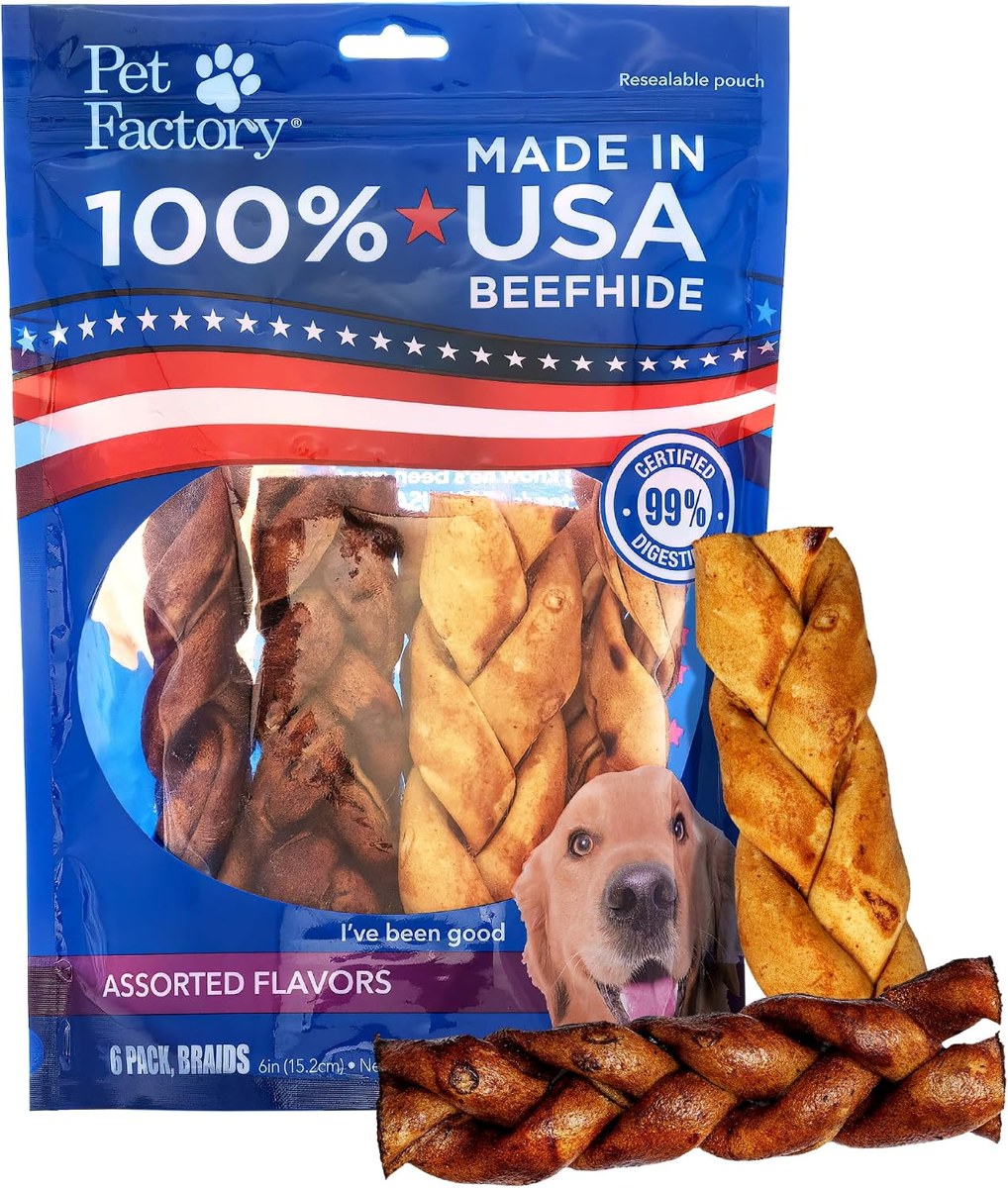 Pet Factory 6-Inch Braided Beefhide Sticks, Beef & Chicken